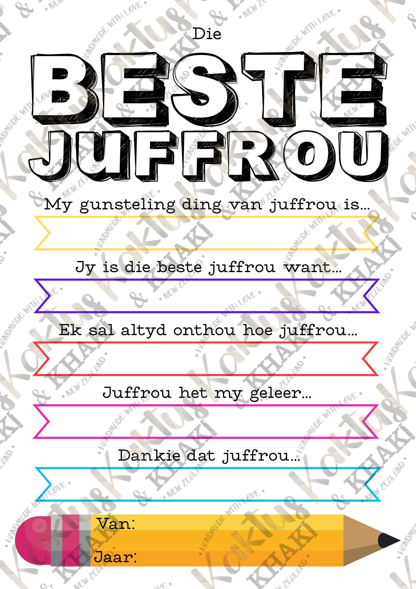 Afrikaans Teacher Appreciation Gift • Beste Juffrou Printable (PDF) - Etsy