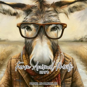 Puede incluir: Una pintura digital de un burro con gafas de montura marrón y una bufanda marrón texturizada sobre una chaqueta marrón. El texto "Farm Animal Prints SET OF 10" y "PERSONAL AND COMMERCIAL USE" se superpone sobre un paisaje rural.