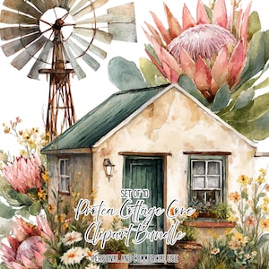 May include: A watercolor illustration featuring a small cottage with a green roof and door, a metal windmill, and large pink protea flowers. The text reads SET OF 10 Protea Cottage Core Clipart Bundle PERSONAL AND COMMERCIAL USE.