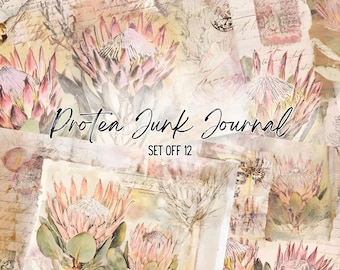 Protea Junk Journal Pages – Vintage Floral Printable Kit | 12 Botanical Scrapbook Paper Set