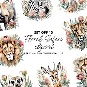 South African Safari Clipart Bundle: Animals & Floral PNG (Digital Download
