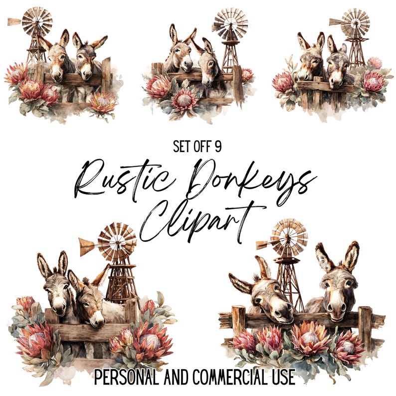Rustic Donkey Clipart Bundle: Farmhouse Animal Pngs Digital Download - Etsy