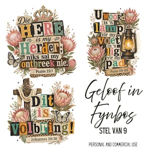 Puede incluir: Tres diseños gráficos decorativos con ilustraciones de flores protea, mariposas y texto religioso en afrikáans. Los diseños incluyen una corona, una linterna y una cruz de madera, todos acentuados con patrones de leopardo y elementos botánicos.