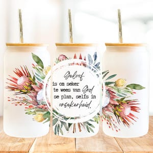 South African Geloof Tumbler Wrap PNG | Christian Afrikaans Glass Can Design | Protea Floral Printable
