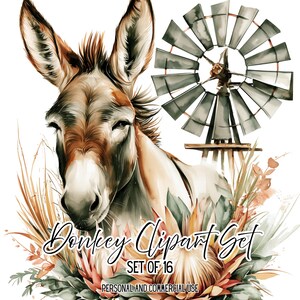 Puede incluir: Una ilustración en acuarela de una cabeza de burro marrón y blanca junto a un molino de viento de metal rústico, rodeada de hierbas secas y flores, con el texto Donkey Clipart Set SET OF 16 PERSONAL AND COMMERCIAL USE.