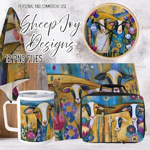 Pode incluir: Uma coleção de designs digitais intitulada Sheep Joy Designs com 12 arquivos PNG. A arte mostra ovelhas em um campo com flores e um moinho de vento, aplicada em um relógio de parede redondo, uma caneca branca, uma lancheira e um tecido.