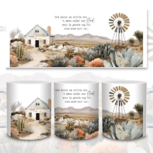 May include: White ceramic mug featuring a landscape illustration with a house, windmill, and desert plants. The mug has text in a foreign language. The design is repeated on a rectangular item above the mugs.