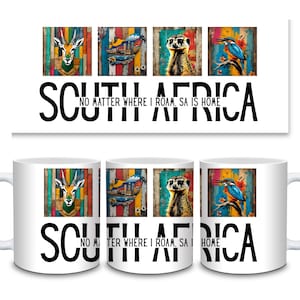 Puede incluir: Taza de cerámica blanca con ilustraciones coloridas de la fauna sudafricana, incluyendo una gacela, peces, un suricato y un pájaro. La taza tiene el texto "SOUTH AFRICA" y "NO MATTER WHERE I ROAM, SA IS HOME."