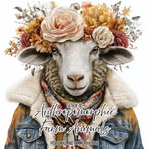 Puede incluir: Una oveja con chaqueta de mezclilla, cuello de forro polar blanco y bufanda floral, adornada con una corona de flores naranjas, amarillas y crema. El texto dice: SET OF 10 Anthropomorphic Farm Animals PERSONAL AND COMMERCIAL USE.