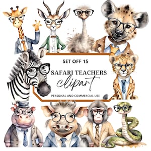 Clipart insegnante safari / Animali africani carini in formato PNG / Decorazioni per la classe, fogli di lavoro, adesivi per planner digitali