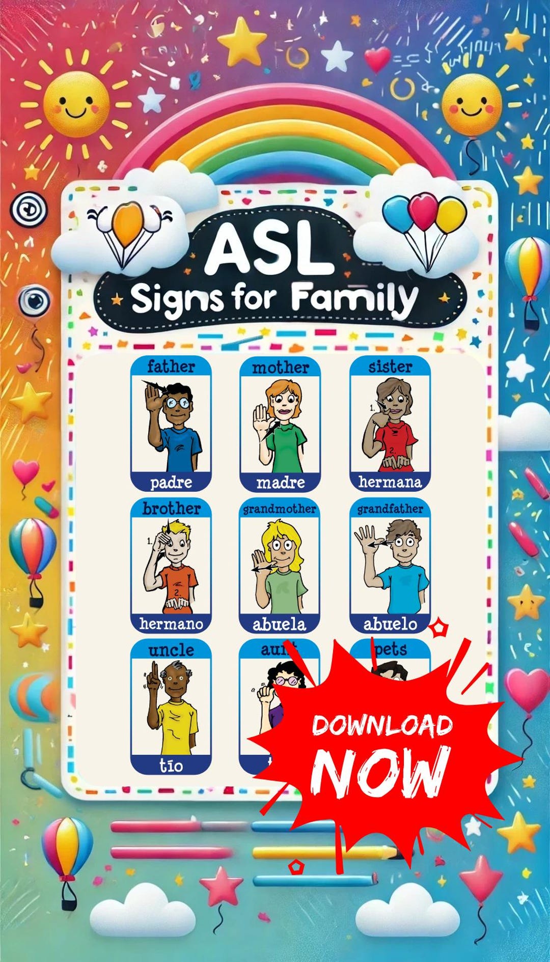 Sign Language ASL Family Signs Poster And Card Game Set Digital 