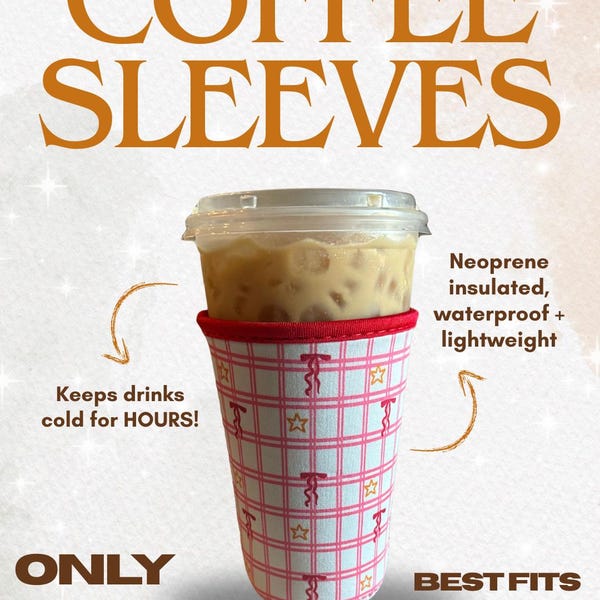 Cute + Cozy Reusable Neoprene Coffee and Drink Sleeve | Bows and Stars, Pink + Gold | Perfect Eco-friendly Gift for Coffee Lovers, 20-24 OZ