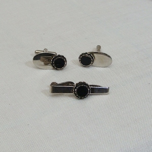 Vintage Black & Silver Tone Cufflinks and Tie Clasp Set