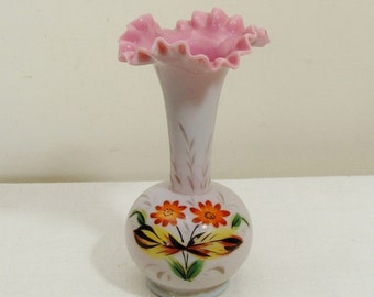 Vintage Hand Blown Pink Cased Ruffled Vase - Hand Painted
