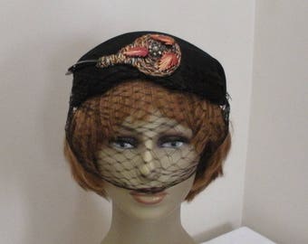 Vintage Black Fur Felt Ladies Hat with Straw Medallion Plastic Feathers & Veil