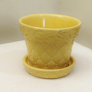 May include: A yellow ceramic planter with a matching saucer. The planter has a textured design with diamond and leaf patterns. The small, round saucer sits beneath the planter. The planter is suitable for small plants or succulents.