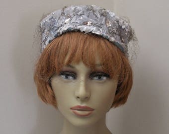 Vintage Light Blue Leaf Ladies Hat - Cocktail Hat with Rhinestones