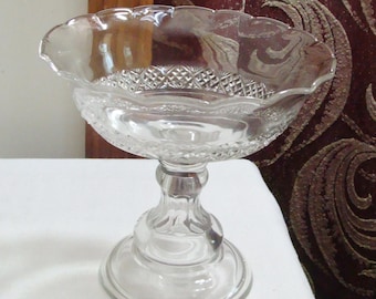 May include: A clear, stemmed glass bowl with a scalloped rim. The bowl features a diamond-patterned design and sits atop a pedestal base. The glass bowl is likely used for serving desserts or displaying decorative items.