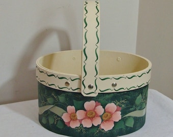 Vintage Hand Painted Bentwood Basket - Pink Floral Basket