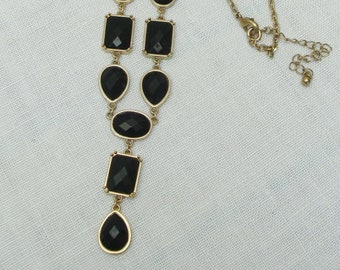 Vintage Avon Black Faceted Bead Necklace - NR Nina Ricci