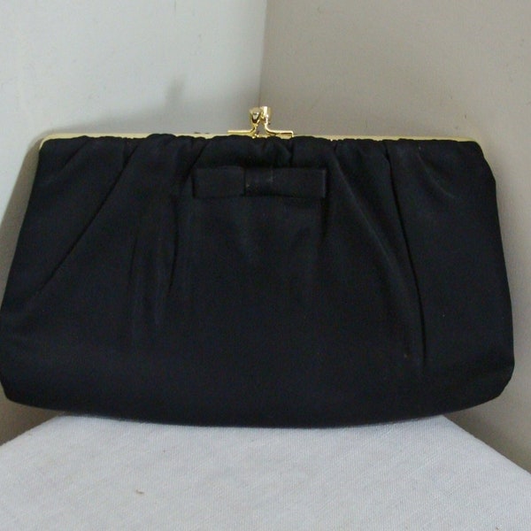Vintage Black Satin Clutch with Bow