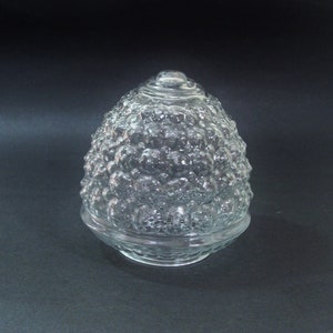 May include: A clear glass light fixture shade with a textured, bubble-like surface. The shade has a rounded, egg-like shape with a small, circular top. The base is a shallow, circular dish. The background is a solid black.