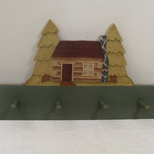 Hand Painted Wood Coat Rack with Log Cabin Trees