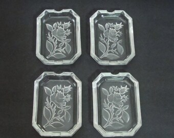 Vintage Set of 4 Intaglio Rose Ashtrays