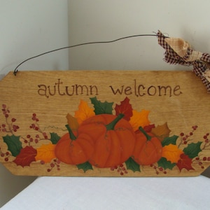 Handpainted Wood Autumn Welcome Sign - Leaves & Pumpkins