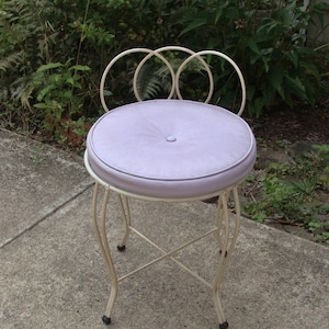 Vintage Off White Vanity Chair with Lavender Vinyl Seat Cushion