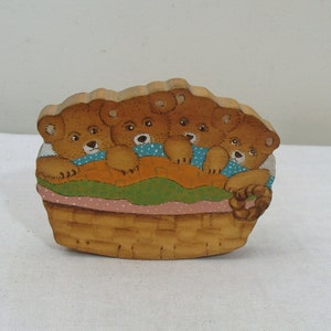 Vintage Hand Painted Bears in a Basket Wall Plaque - Nursery Decor