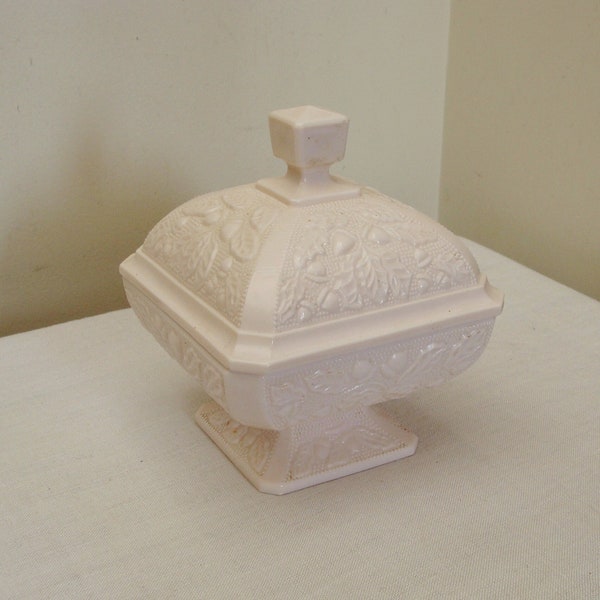 Vintage Shell Pink Milk Glass Covered Square Candy Dish - Jeannette Glass