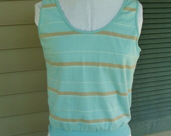 Vintage Womens Tank Top with Built In Bra - Green Beige White Stripe Size L
