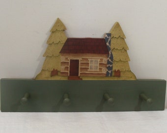 Hand Painted Wood Coat Rack with Log Cabin