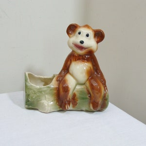 Vintage Bear on a Log Planter - American Bisque