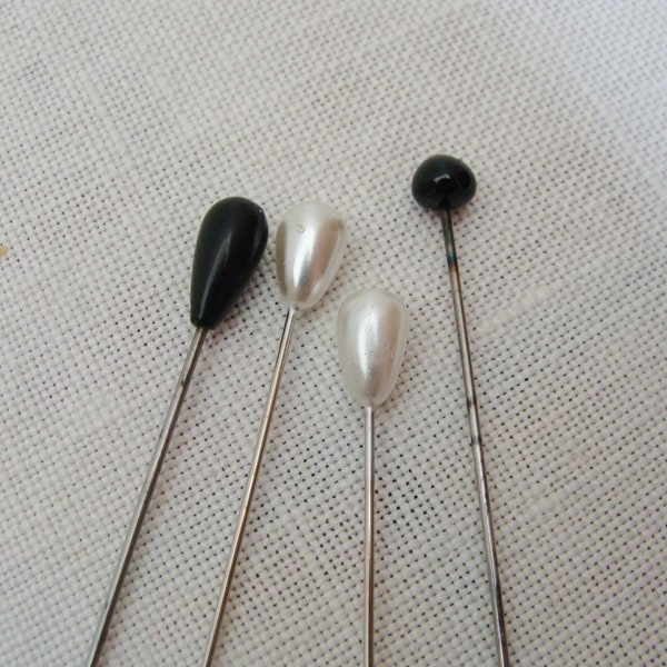 Vintage Lot of 4 Hat Pins - Faux Pearl Black Plastic & Glass