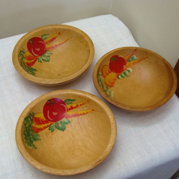 Vintage Set of 3 Woodcroftery Wood Bowls - Hand Painted Vegetables