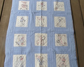 Vintage Blue Baby Quilt with Embroidered Nursery Rhymes