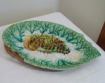 Vintage Majolica Green & White Begonia Leaf Platter