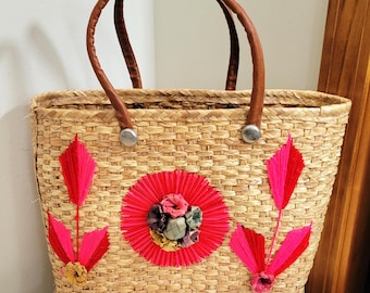 Vintage Woven Straw Beach Tote - Tropical Beach Bag