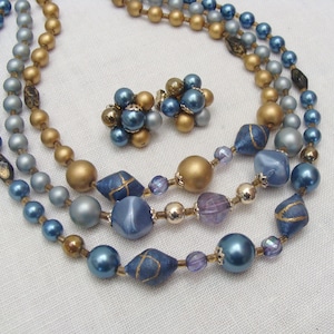Vintage Blue & Gold 3 Strand Beaded Necklace with Earrings - Japan