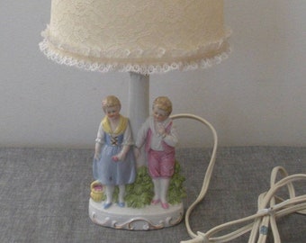 Vintage Figural Children Germany Lamp with Lace Shade