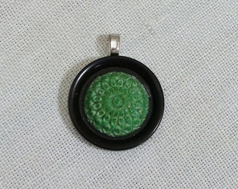 Vintage Black & Green Flower Button Pendant