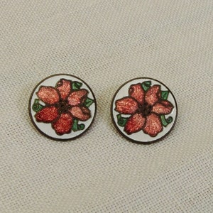 Vintage Enamel Red Flower Round Earrings - Clip Back