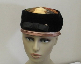 Vintage Black Velveteen & Feather Pillbox Womens Hat