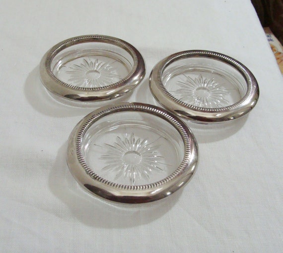 Vintage Set of 3 Leonard Silver Plate & Crystal Coasters Italy -  Canada