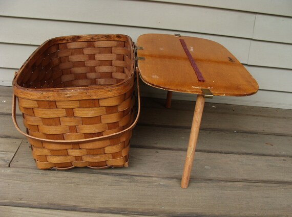 Vintage Woven Wood Picnic Basket With Woven Tray Metal Tray and