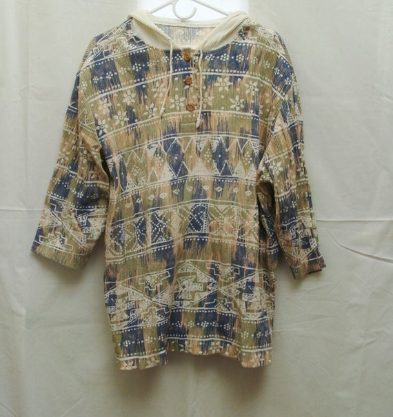 Vintage Waffle Knit Print Shirt with Hood - Womens
