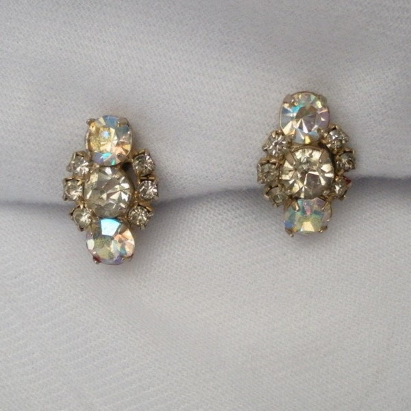 Vintage Iridescent Rhinestone Clip Earrings