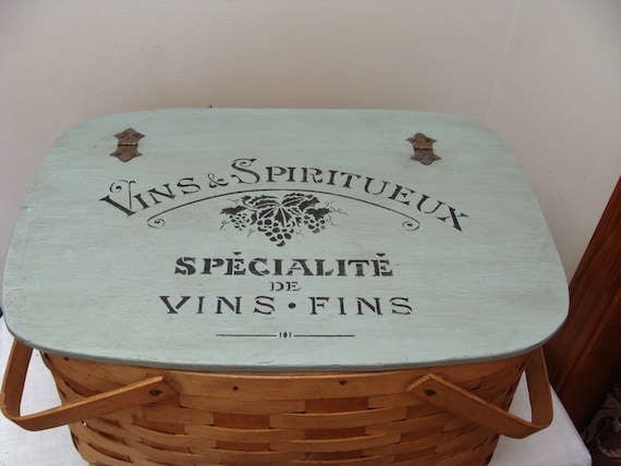 Vintage Woven Wood Picnic Basket - Hand Painted Stenciled Wood Slat Storage Basket